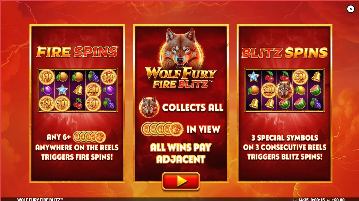 Tampilan visual slot Wolf Fury Fire Blitz dengan simbol buah dan serigala