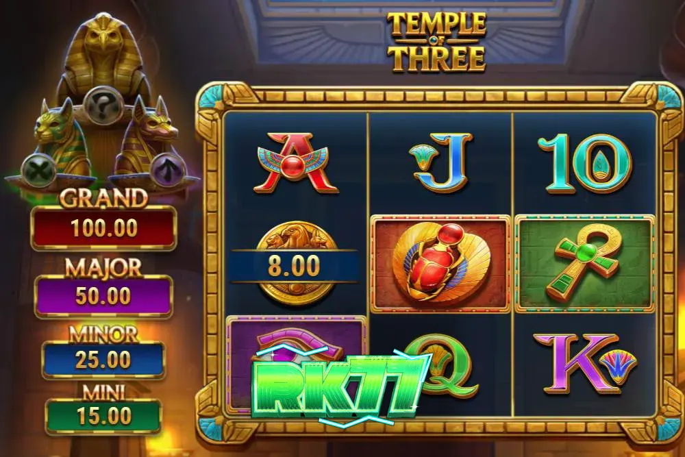 Tampilan visual slot Temple of Three dengan latar belakang makam Mesir kuno.
